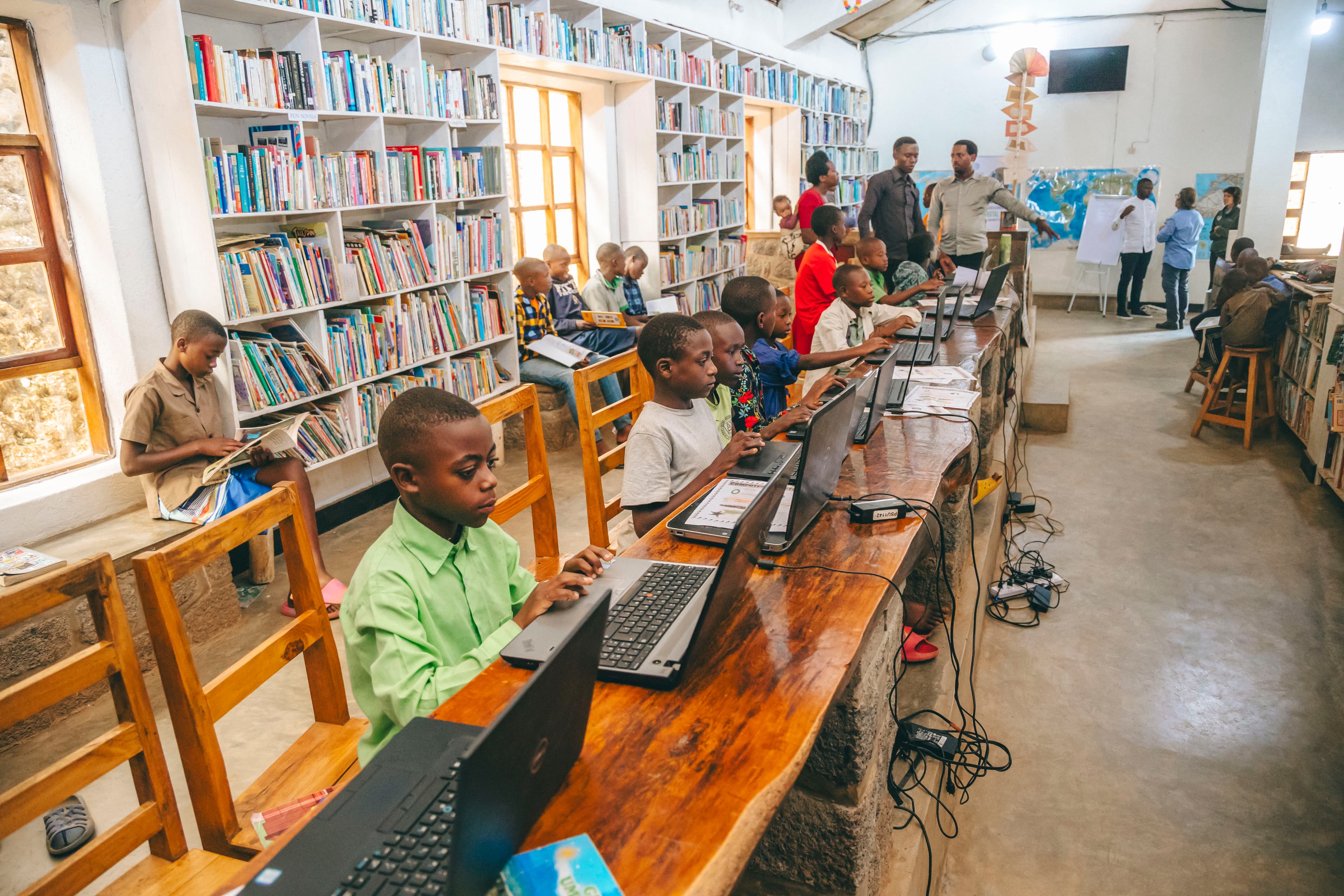 Many Students Using SomaBox in a school library