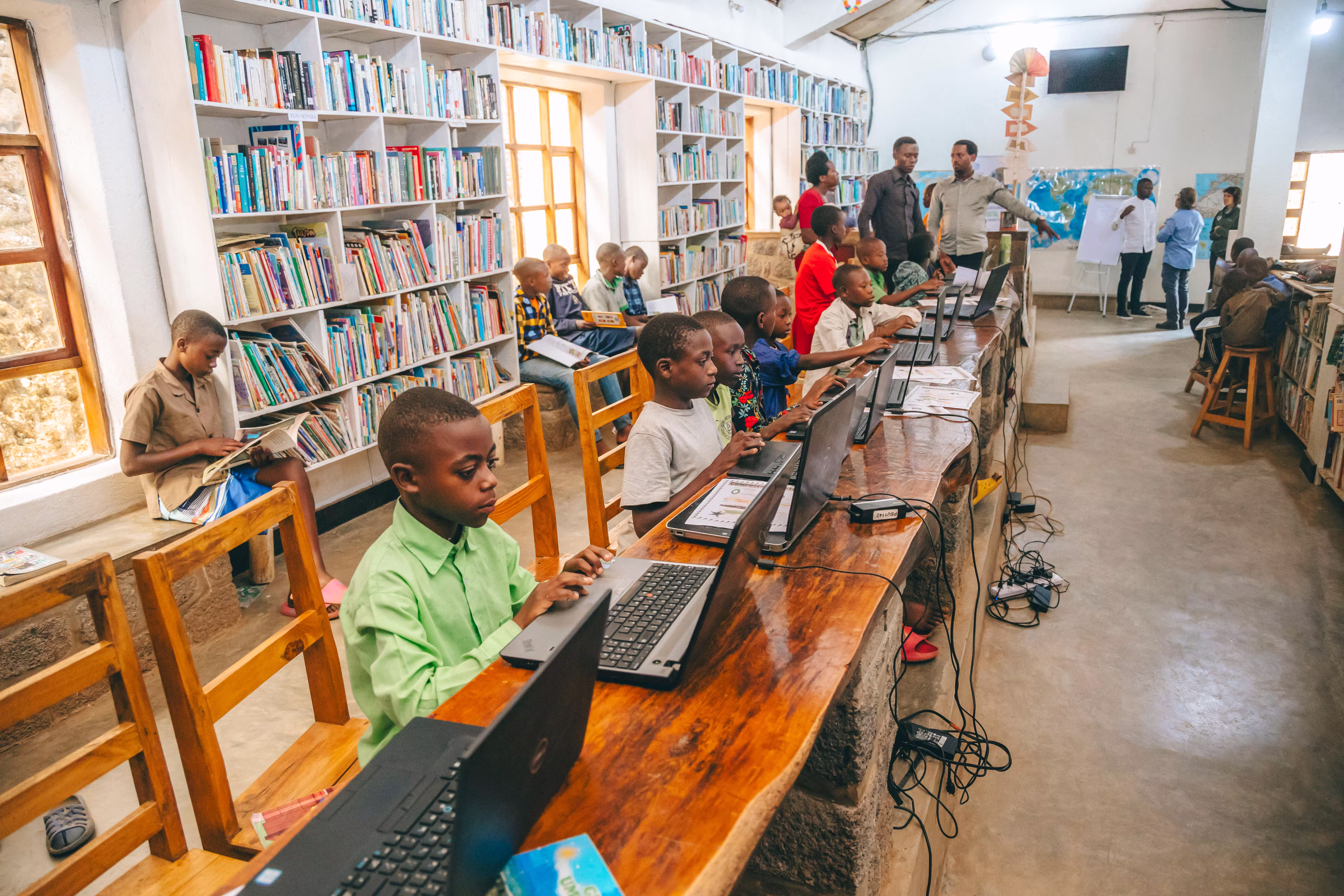 Many Students Using SomaBox in a school library